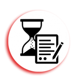 A red and white sign with an hourglass and pen